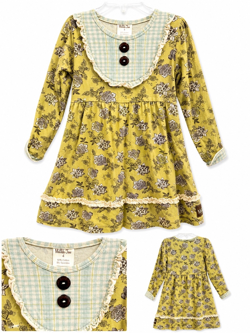 Matilda Jane Mustard Floral Lap Dress with Blue Gingham Bib - size 4